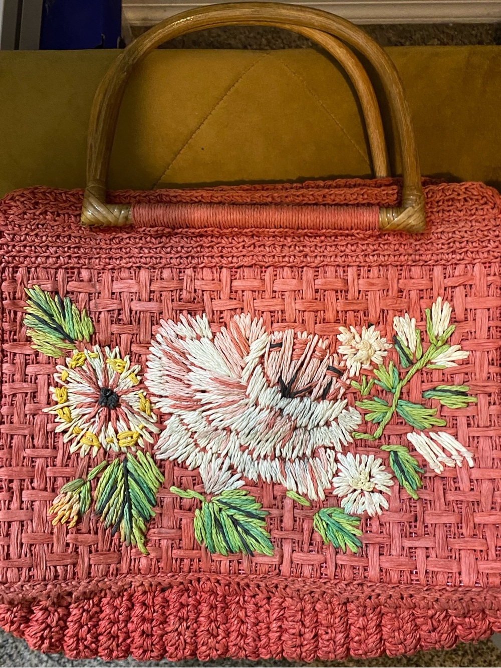 Fossil Coral Woven Tote with Floral Embroidery and Wooden Handles